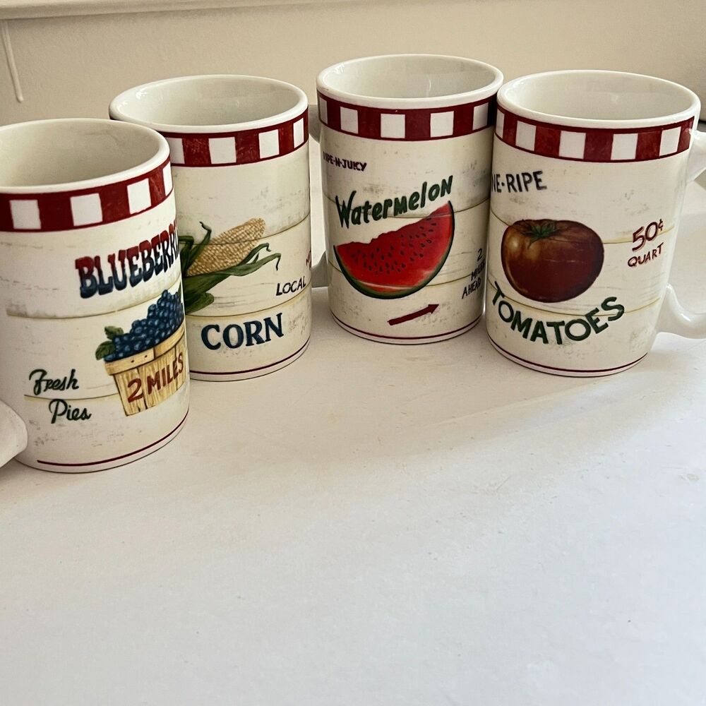 Home Trends Farm Fresh Mug set 4 Tomato Watermelon Blueberries Corn Rustic
